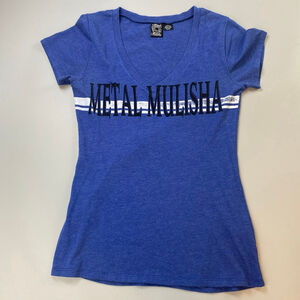 Metal Mulisha T-Shirt Blue Womens Medium V-Neck Y2K Spell Out Motocross